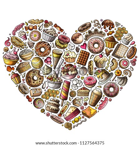 Colorful vector hand drawn set of Sweet food cartoon doodle objects, symbols and items. heart form composition