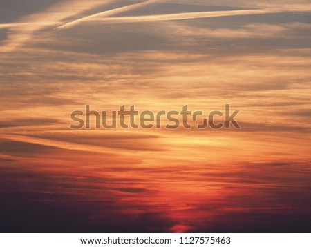 Marvelous colorful sky at sun set with clouds formation seen from european city of Bielsko-Biala in Poland in 2018 cold spring evening on April