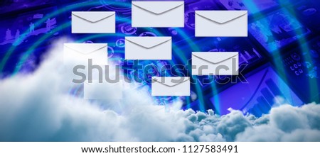 Digitally generated image of storm clouds  against composite image of blue spiral with bright light