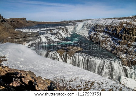 Gullfoss waterfall view and winter Lanscape picture in the winter season. Gullfoss is one of the most popular waterfalls in Iceland and tourist attractions in the canyon of the Hvita river Iceland.