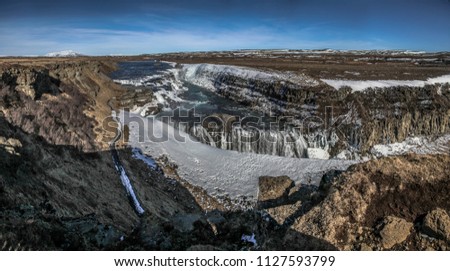 Gullfoss waterfall view and winter Lanscape picture in the winter season. Gullfoss is one of the most popular waterfalls in Iceland and tourist attractions in the canyon of the Hvita river Iceland.