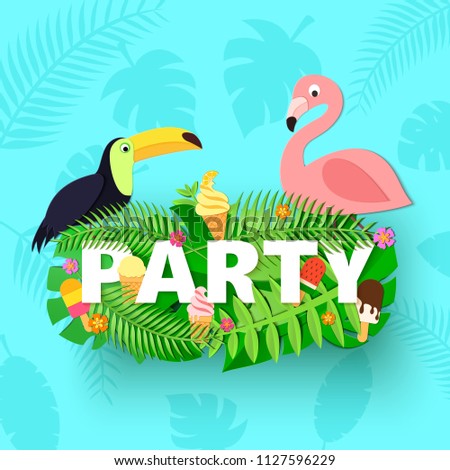 Word PARTY summer composition with jungle leaves flower ice cream toucan flamingo on blue background in paper cut style. Tropical leaf for design poster, banner, flyer T-shirt printing Vector