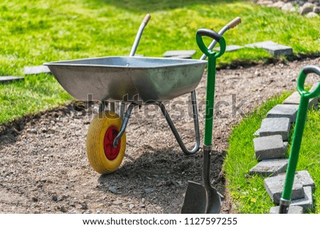 Picture of wheelbarrow in the backyard with green grass.