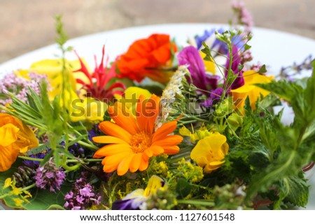 A plate full of herbs and flowers