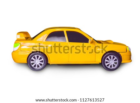 yellow toy car isolated on white background. (clipping path)