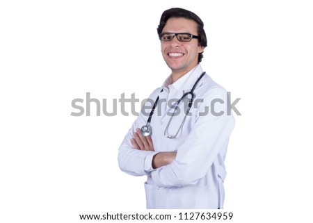 Weird doctor standing crossed arms smiling, isolated on a white background.