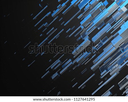 3d render abstract background. Fading geometry shapes. Metall and glass textures with blue reflections.