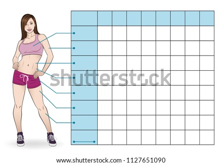 Girl in sportswear. Table of measurements of body parameters for tracking sports and dietary effects. Table for entries: week, chest, arm, waist, waist to hips, hips, thigh, calf, weight.
