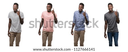 Collage of african american man wearing different outfits pointing finger up with successful idea. Exited and happy. Number one.