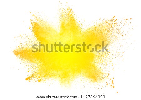 abstract  yellow dust explosion on white background. abstract yellow powder splattered on  background. Royalty-Free Stock Photo #1127666999