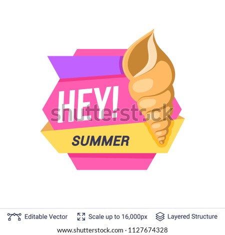 Summer badge isolated on white. Sea shell and ad text. Easy to edit vector label isolated on white.