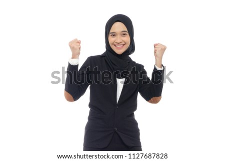 SUCCESS BUSINESS WOMAN ISOLATED WHITE BACKGROUND WITH HANDS ON UPSTAIRS