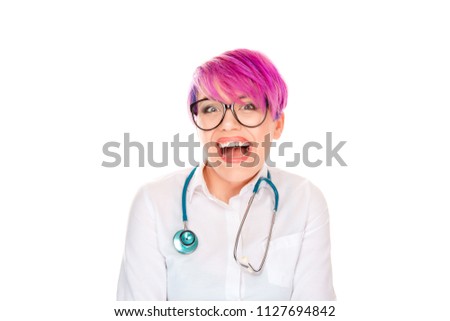Woman Doctor Nurse with stethoscope laughing toothy smile happy excited isolated on white background. Studio shot horizontal image. Positive facial expression human face emotion body language reaction