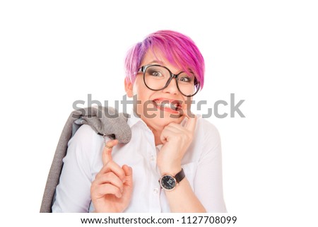Closeup portrait nervous stressed young woman girl in glasses student biting fingernails looking anxiously craving something isolated on white background. Doctor lady evil plotting something concept.