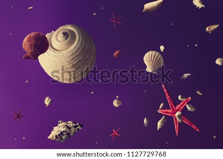 Creative layout made of shells and sea marine life. Abstract space or universe with planets. Violet and purple backround. Summer concept.