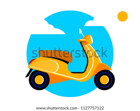 Yellow scooter in vector flat style. Blue background with sun and clouds.