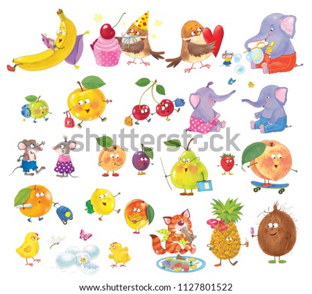Big set of cute cartoon characters. Funny fruits and animals isolated on white background. Illustration for children. Coloring page