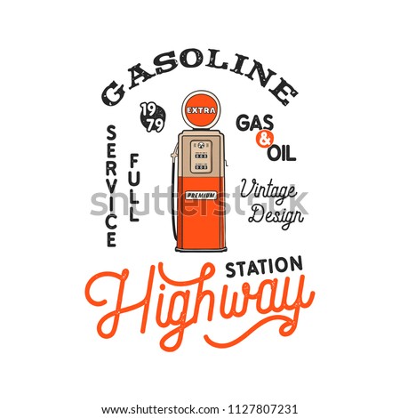 Vintage Gas Station Pump badge. Retro hand drawn gasoline logo design in distressed style. Unique gasoline pump illustration. Stock vector isolated on white background.