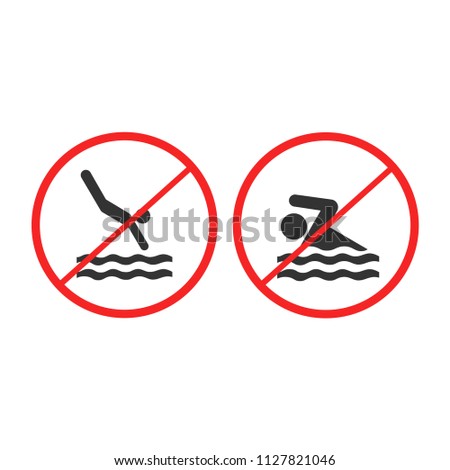 Prohibition swimming sign with text. Attention, shark and jellyfish signd. Vector illustration