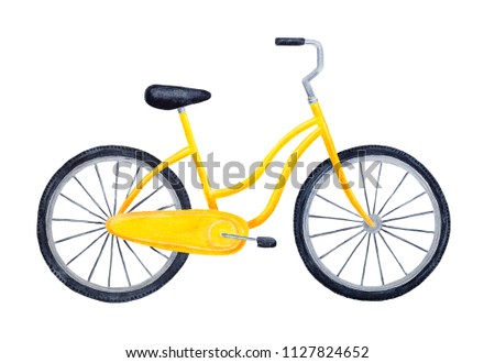 Bright yellow colorful bicycle. One single object. Symbol of freedom, summer, movement, fun, health, eco friendly transportation. Hand drawn watercolour graphic painting on white, cut out clip art.