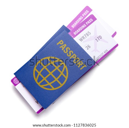 Two tickets for plane with passports isolated on white background