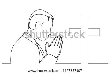 continuous line drawing of praying man with christian cross
