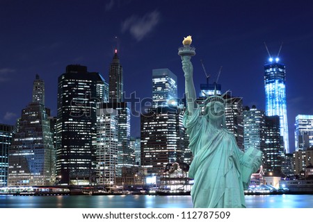 Manhattan Skyline and The Statue of Liberty at Night, New York City