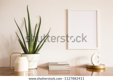 Stylish home interior mock up photo frame, aloe vera plant, design watering can and books.