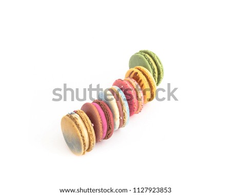 Variety of macaroons isolated on white background. Studio shot delicious and colorful French macaroon. Pastel colors of sweet food dessert, delicacy, colorful cookies