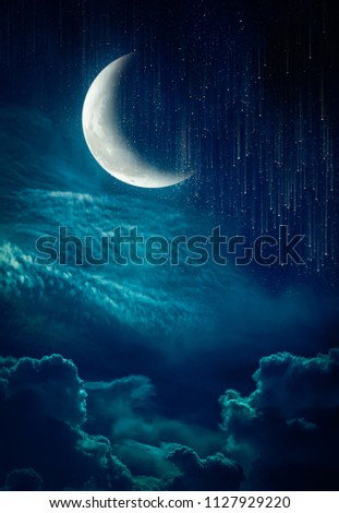 Photo Manipulation. Beautiful colorful skyscape with many stars and meteor shower. Landscape of night sky with crescent and cloudy. Serenity nature background. The moon taken with my camera.