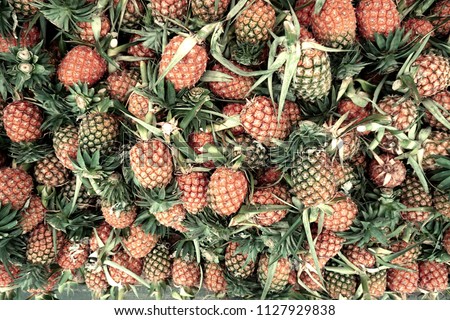 Pineapple is a large juicy tropical fruit consisting of aromatic edible yellow flesh surrounded by a tough segmented skin and topped with a tuft of stiff leaves. It is rich in vitamins.