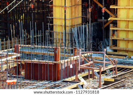reinforcement concrete with metal rods connected by wire. Preparation for pouring crutches preparing for building house