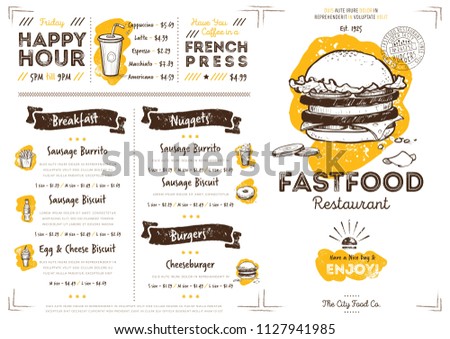 Restaurant fast food cafe menu template flyer vintage design raster illustration