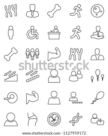 thin line vector icon set - student vector, manager, man, muscule hand, buttocks, stairways run, bone, client, group, disabled, dna, pregnancy, insemination, chromosomes, sperm, ovule, user, login