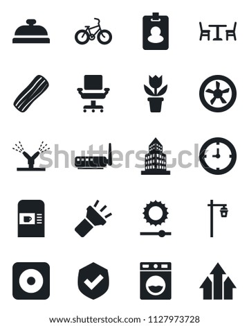 Set of vector isolated black icon - cafe vector, coffee machine, flower in pot, garden light, bike, clock, shield, rec button, torch, brightness, office building, chair, reception, bacon, fan