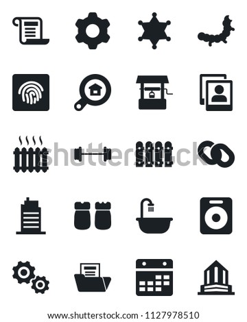 Set of vector isolated black icon - well vector, caterpillar, barbell, chain, speaker, settings, calendar, fingerprint id, photo gallery, document folder, fence, estate search, bathroom, heater