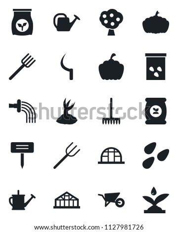 Set of vector isolated black icon - farm fork vector, rake, watering can, wheelbarrow, sproute, sickle, plant label, pumpkin, greenhouse, seeds, fertilizer, fruit tree, irrigation
