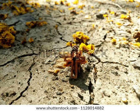 Golden christian cross with dry yellow flower on crack ground, selective focus with dark tone concept