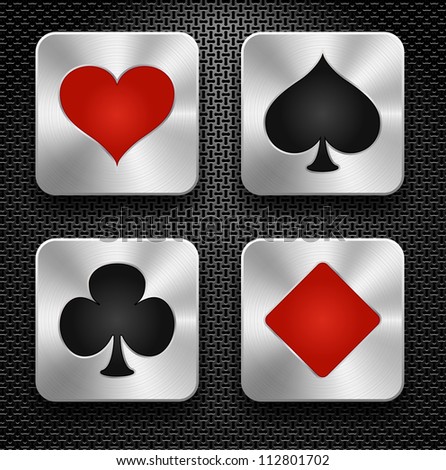 Set of casino elements - playing card symbols, steel icons over metallic background, vector