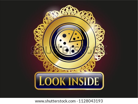  Gold badge or emblem with pizza icon and Look inside text inside