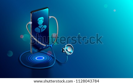 Doctor online concept. Icon Doctor through the phone screen using stethoscope checks health. Online medical clinic communication with patient. Vector isometric illustration.