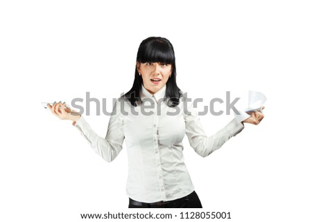surprised business girl with phone and paper on white background