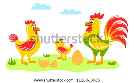 Rooster, hen,  chick and an egg on the lawn. Chicken family on the grass under the clouds. Cute cartoon characters on white background. Flat style. Colorful vector illustration.