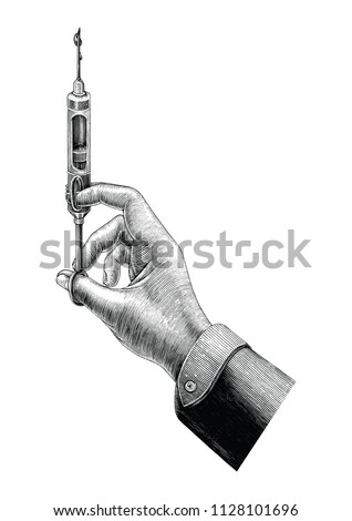 Hand holding medicine syringe vintage clip art isolated on white background