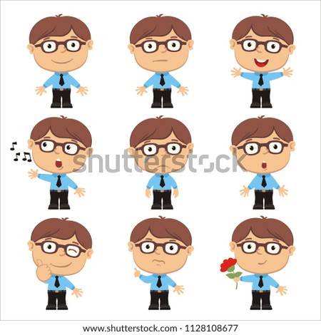 Collection of emoticons of funny boy with glasses in different poses isolated on white background.