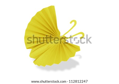 The Origami Japanese yellow paper butterflies on white background.