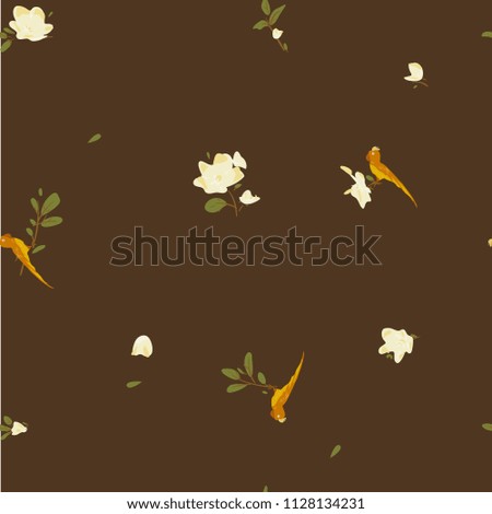 Floral  vector pattern with small yellow flowers and bird on a brown background