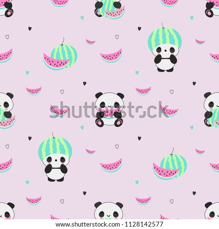 Seamless vector pattern with cute kawaii panda bears and watermelons on nice pink background, great idea for wrapping paper, kids textile, fabrics, backgrounds, etc. Royalty-Free Stock Photo #1128142577