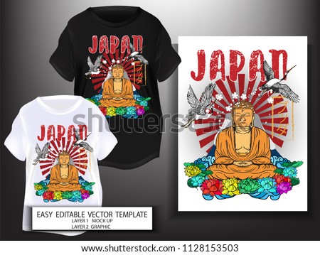 T shirt design.Japanese style.for print Great Buddha with sea sun and Sakura flower background.Mock up Black and white T shirt and Graphic printing.vector.illustration.Japanese Translation: Buddha