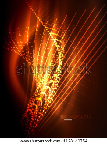 Smooth light effect, straight lines on glowing shiny neon dark background. Energy technology idea. Vector illustration